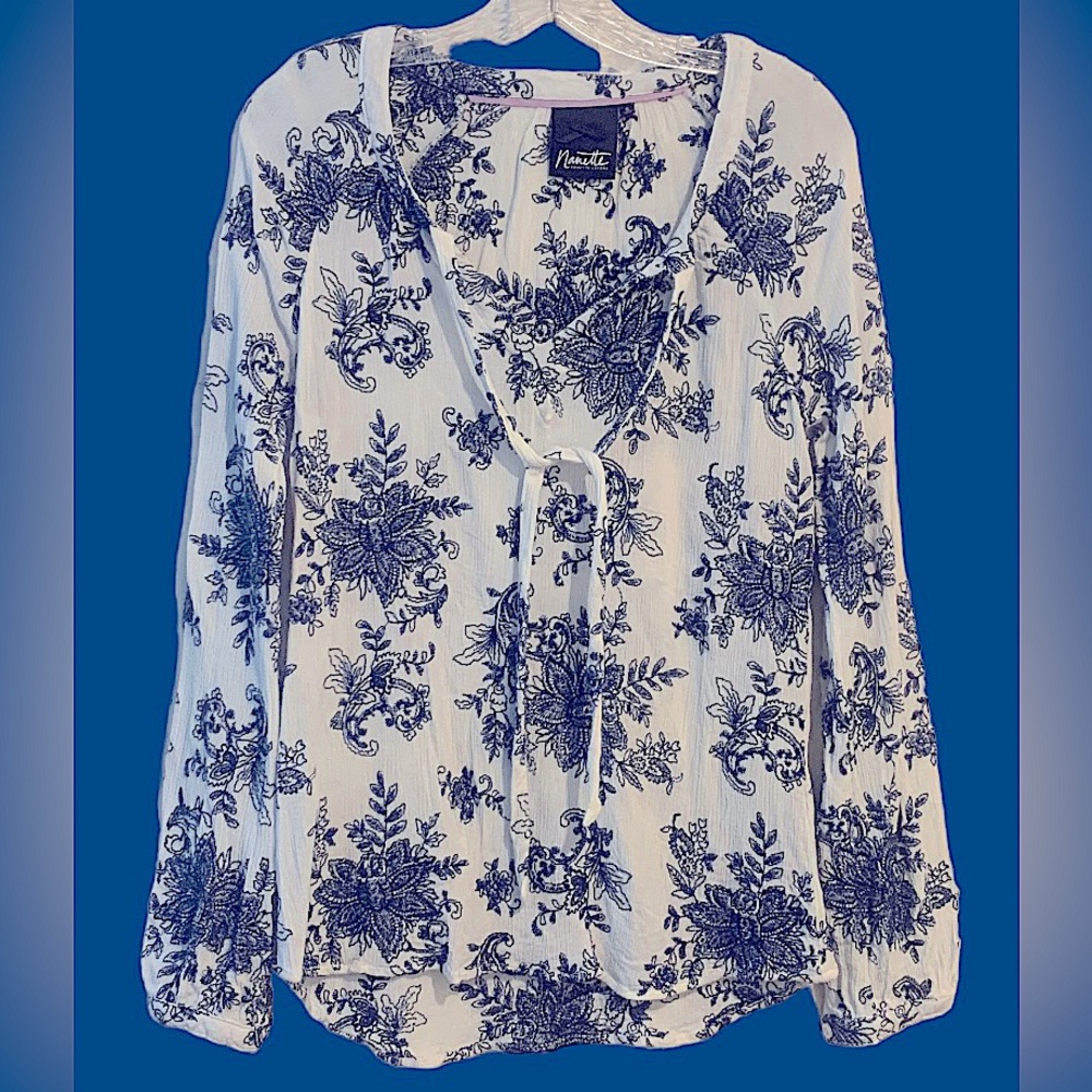 Nanette Lepore Long Sleeve Crepe Blouse with Navy Blue Embroidery, V Neck w Ties